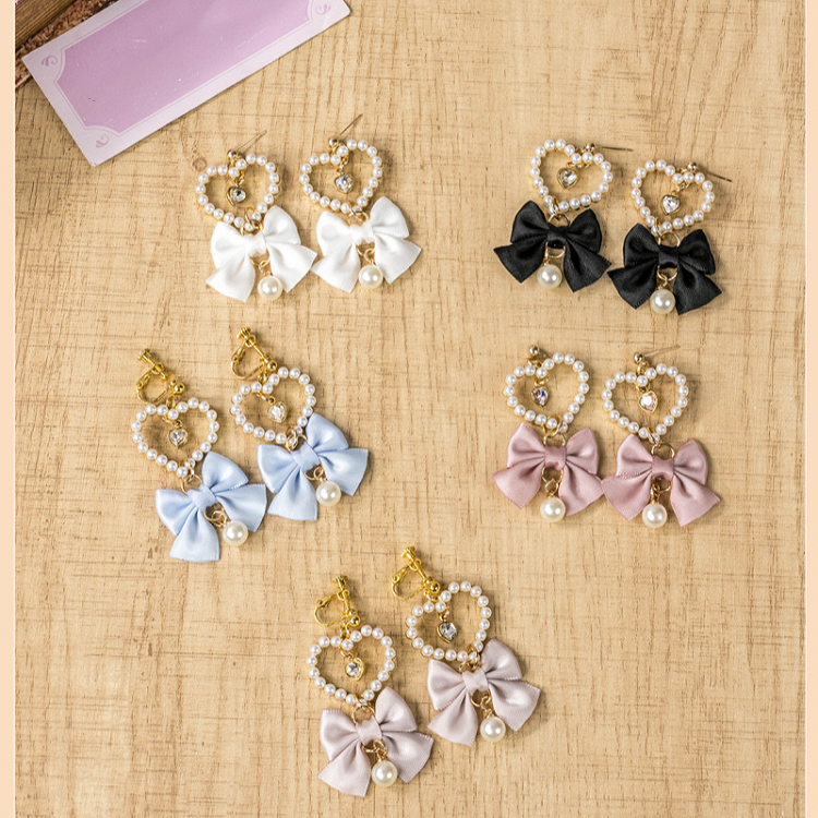 Heart Ear Clips Jirai Kei White/Dusty Beaded Pink/Blue/Black/Pink Bow