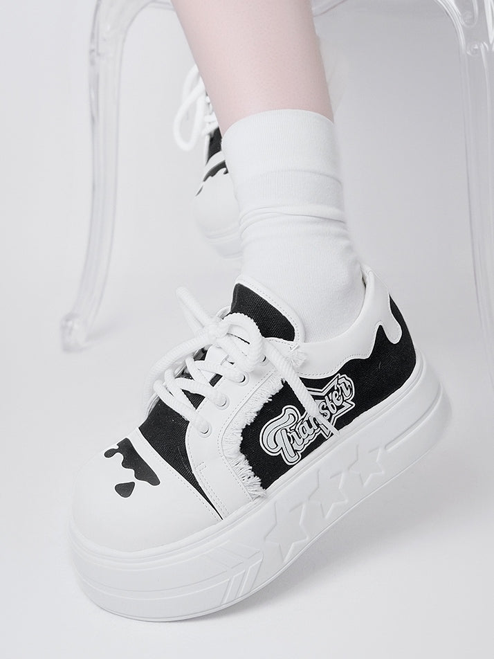 Design Print Otaku-Kwaii Lace-Up Trim Letter - Raw Edge Black Platform with Shoes White