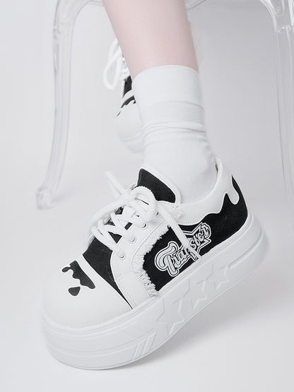Design Print Otaku-Kwaii Lace-Up Trim Letter - Raw Edge Black Platform with Shoes White
