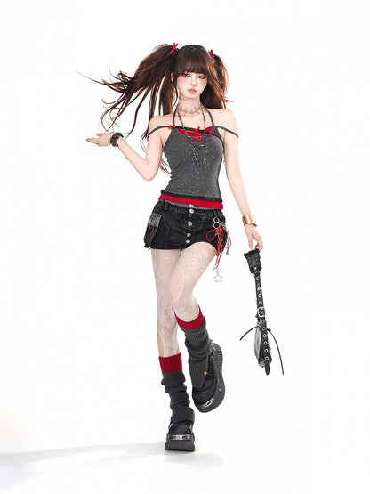 Grau/weißes Neckholder-Camisole mit Schleifendetails, zweiteilig, glamourös