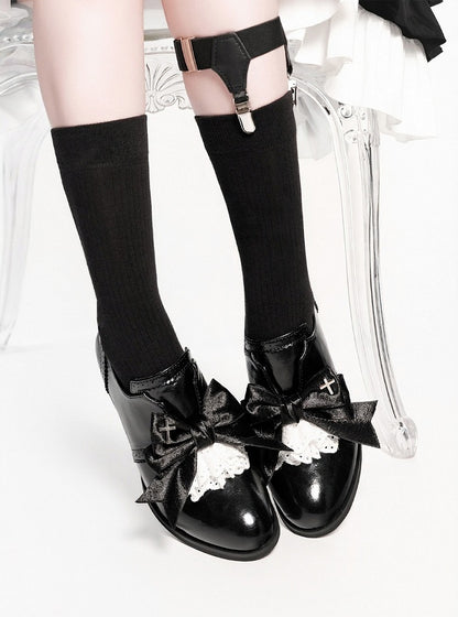 Polished Black Gothic Bowknot 5.5cm Heels Cross Lace - EvilStar
