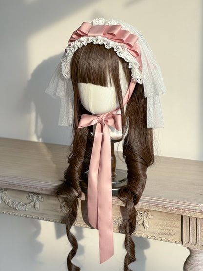 Layered Bow Lolita Hairband Veil Lace and Trimmed Pink