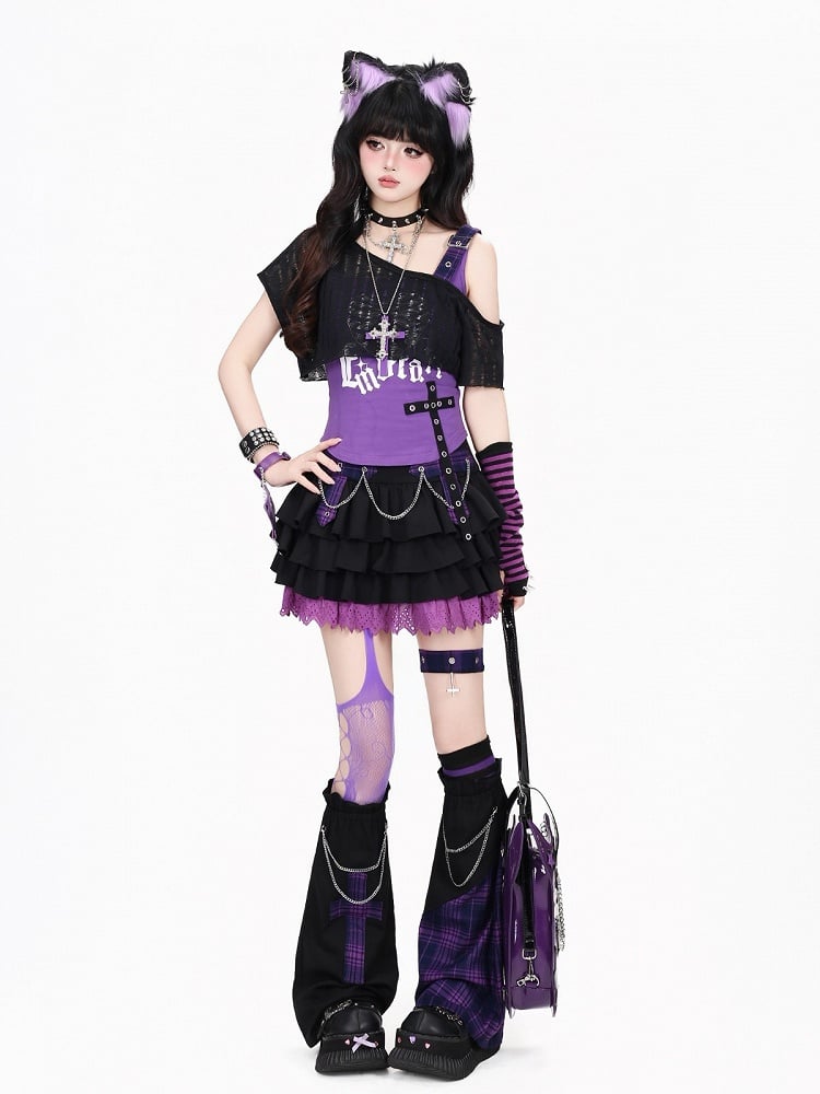 Purple & Black Plaid Tiered Skirt with Cross Chain and Lace - CRAZY GIRL