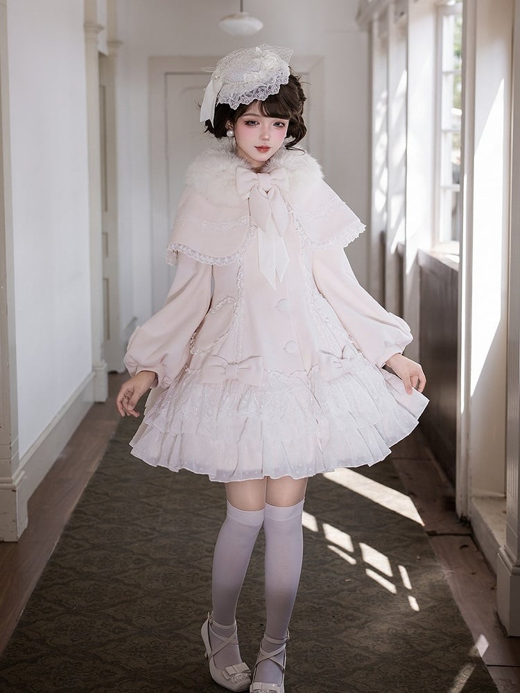Snow White Heart Lace Applique Sweet Lolita Winter Overcoat - Dream Magic Box