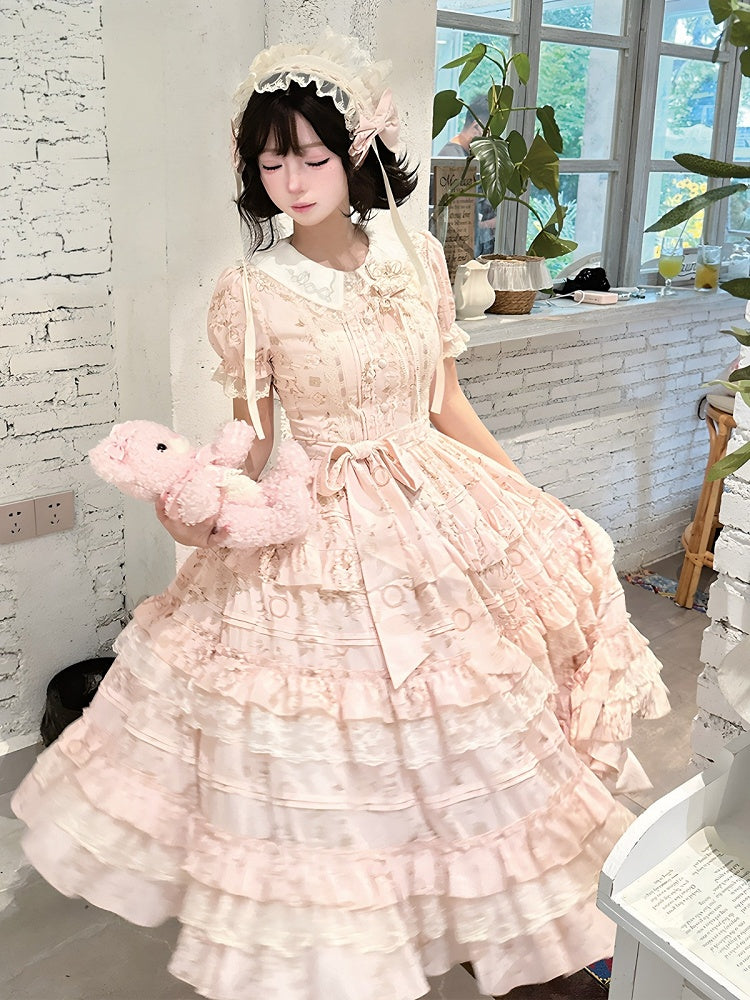 Sweet Jasmine Embroidered Pink OP Doll Collar Lolita A-Line Gown with Tiered Skirt - ZHIJINYUAN