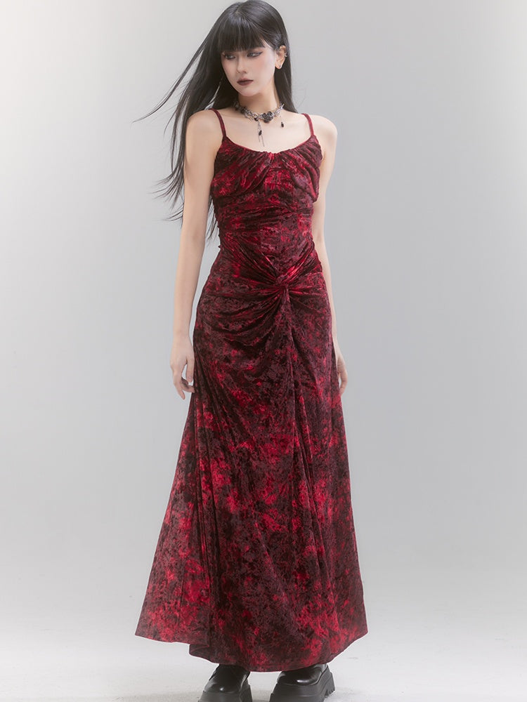 Red Velvet Twist Details Tie Dye Spaghetti Strap Dress