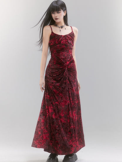 Red Velvet Twist Details Tie Dye Spaghetti Strap Dress