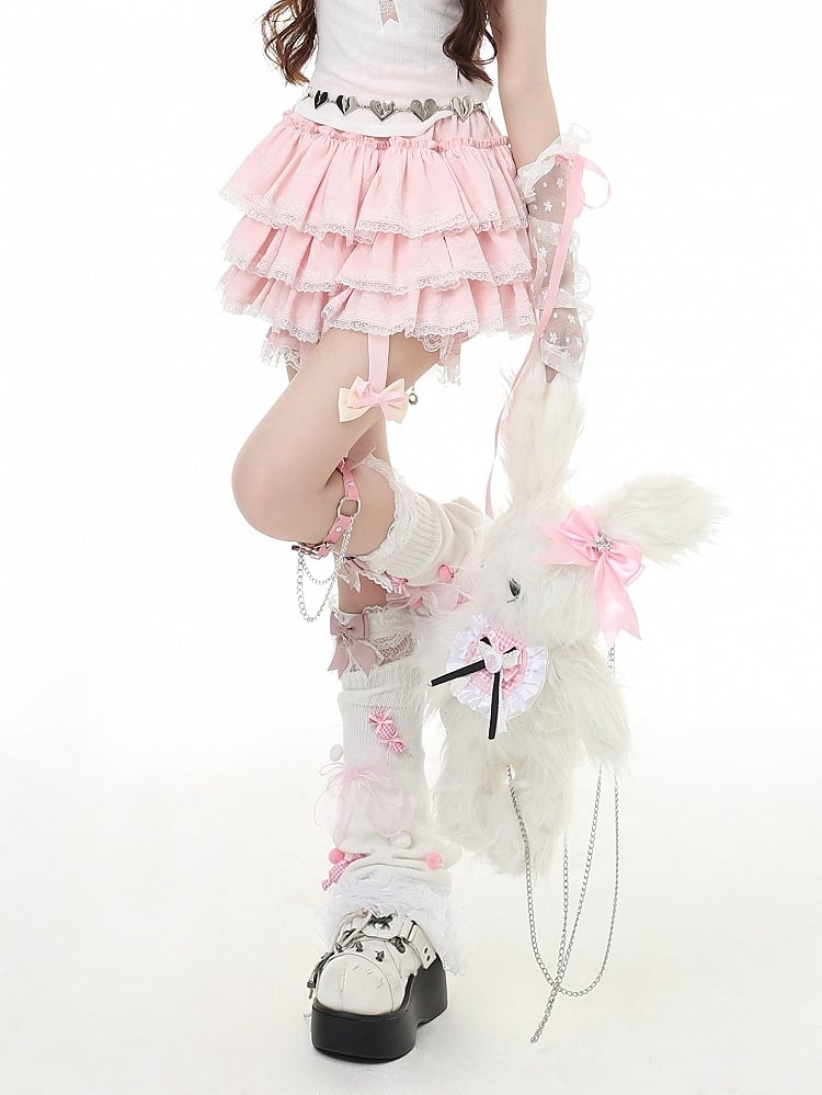 Detachable Trim Pink Charm Tiered Skirt Lace with Bow Ruffle White Y2K