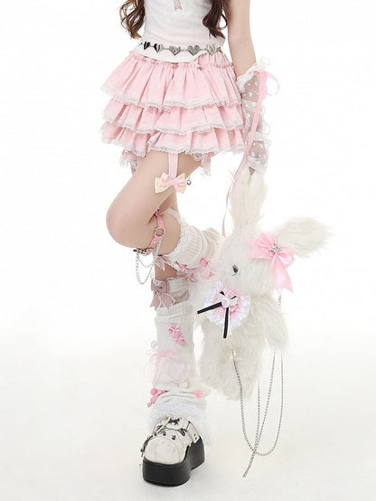 Detachable Trim Pink Charm Tiered Skirt Lace with Bow Ruffle White Y2K