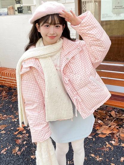 Pink Plaid Hooded Down Sweetheart Button Jacket