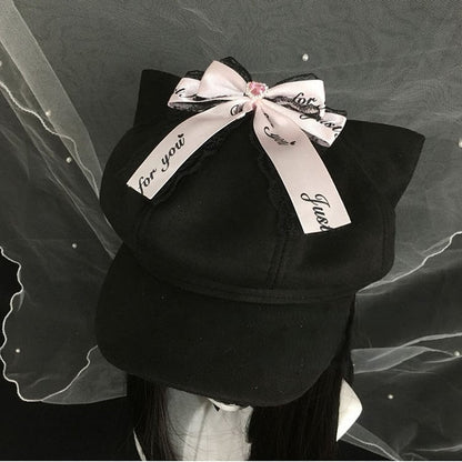 Béret chat Nœud détachable Dentelle Noir/Rose Noir avec oreille