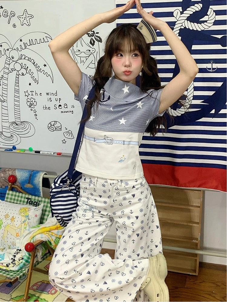 Star Print T-Shirt Blue with and White Stripes Navy Style
