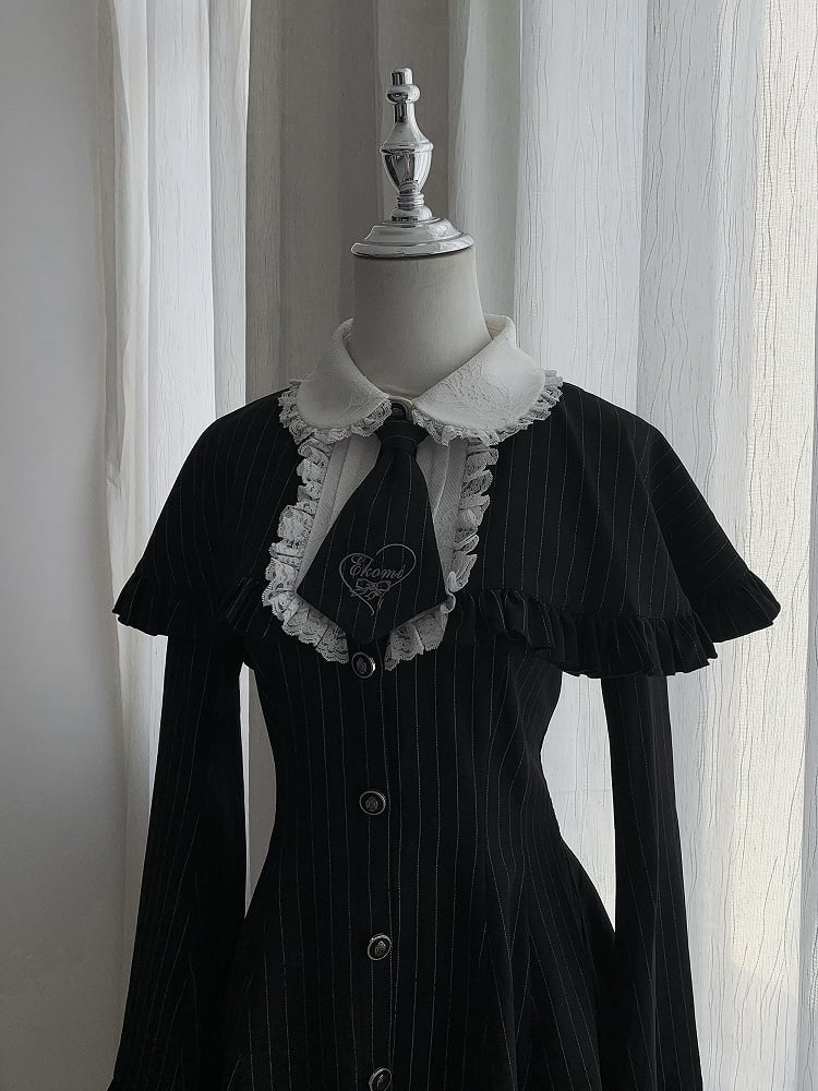 Embroidered Detachable Sleeves Black Bell with Ensemble Tie - Mini Dress Cape Shorts Kei Striped Jirai