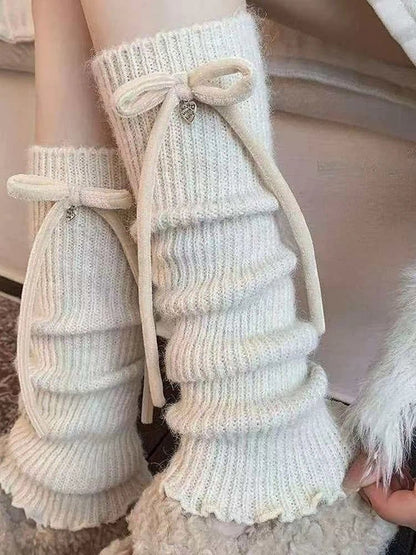 Knit Fluffy Leg Warmers Bow Cream) (Color: