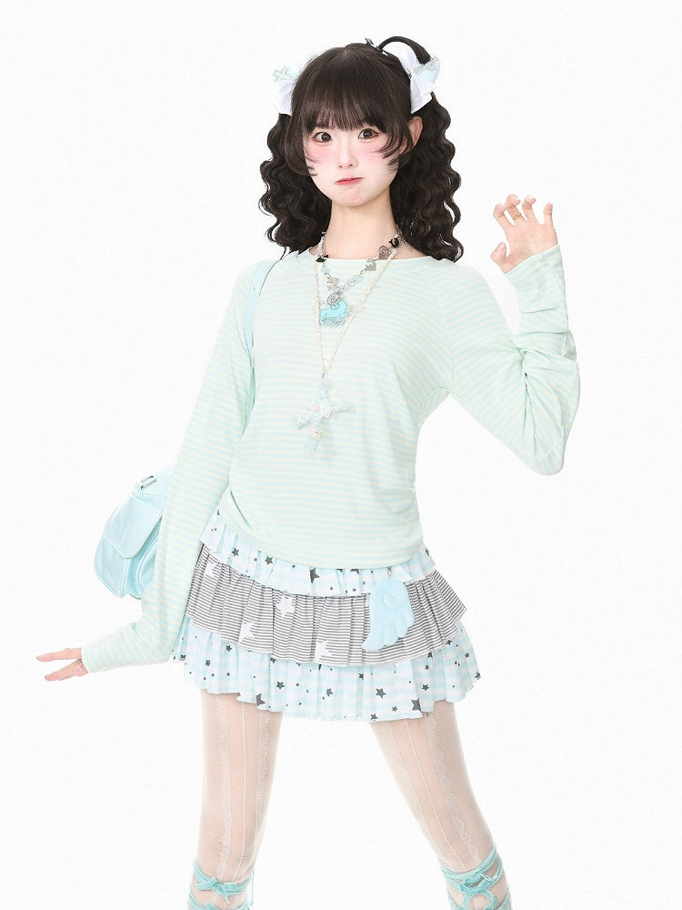 Blue & Apricot Striped Round Neck Long Sleeve Layering Top - Languid Park