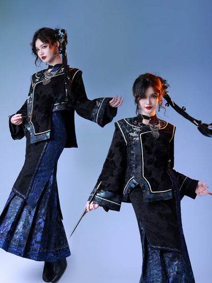 Chinese Style Long Bell Sleeve Top with Floral Embroidery - sijinstudio