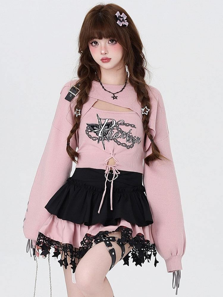 Crisscross with Pink Cropped Fitted Knit Tank Shrug Sweet Set: Lacing + Spicy