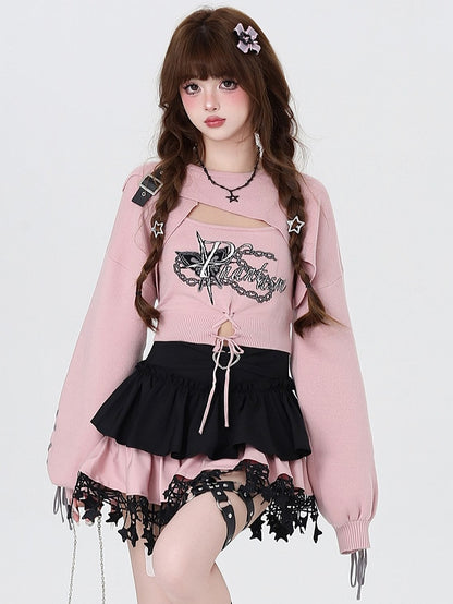 Crisscross with Pink Cropped Fitted Knit Tank Shrug Sweet Set: Lacing + Spicy