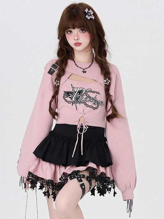 Crisscross with Pink Cropped Fitted Knit Tank Shrug Sweet Set: Lacing + Spicy