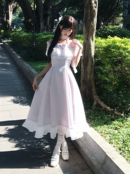 Dress Purple Seiso-Kei Ruffle Off-The-Shoulder Maxi