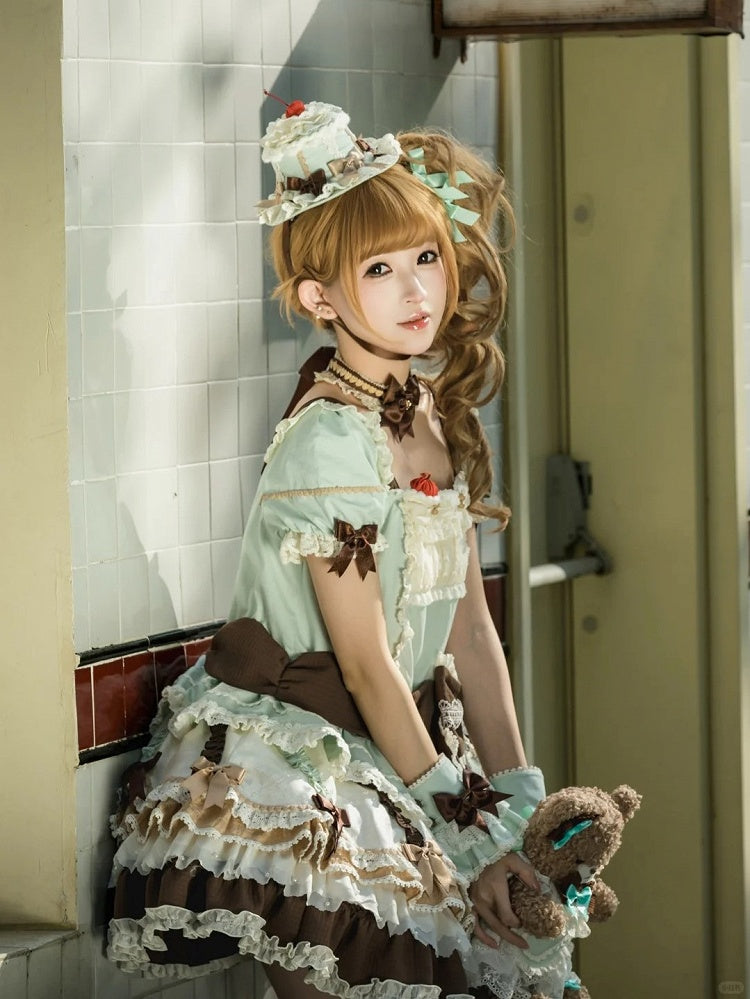 Waist Mint Bowknot Green Chocolate Details Lolita Dropped Layered Dress Sweet Hem