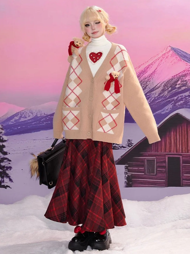 ハイスカートとチェック柄ウエストのブラックマーメイドレッド