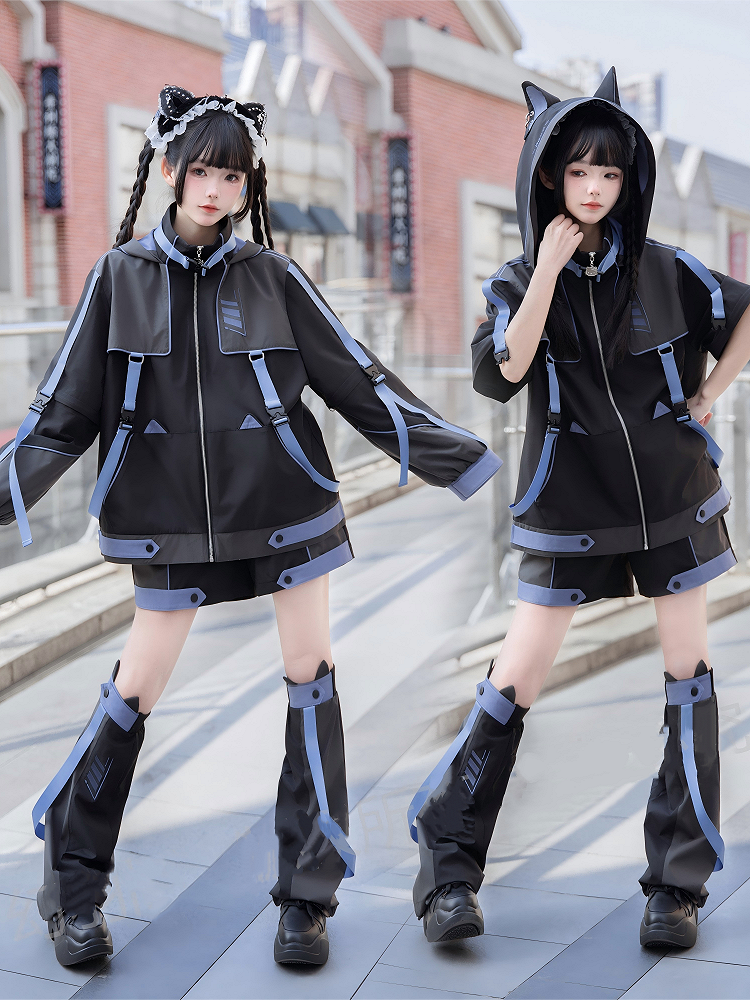Kitty Ears Black and in Hood and Detachable Sleeves Blue Waterproof Jacket with Cyberpunk Techwear