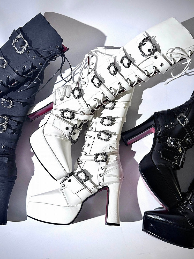 White Pointed-Toe Gothic Knight Boots with 11CM Chunky Heel & Thick Sole - sphenoid