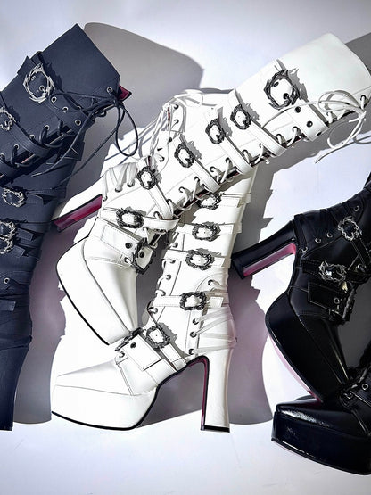 White Pointed-Toe Gothic Knight Boots with 11CM Chunky Heel & Thick Sole - sphenoid