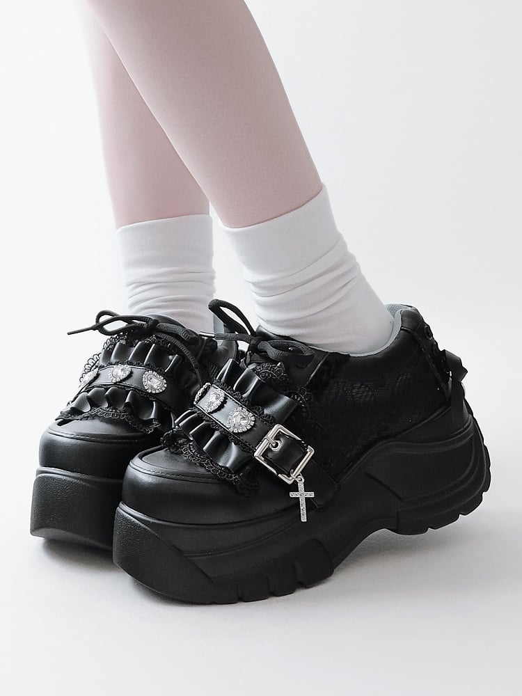 Rhinestone at Heart Ruffles Back Kei Closure Platforms Black Decor Trim Crystal Jirai - with Lace-up