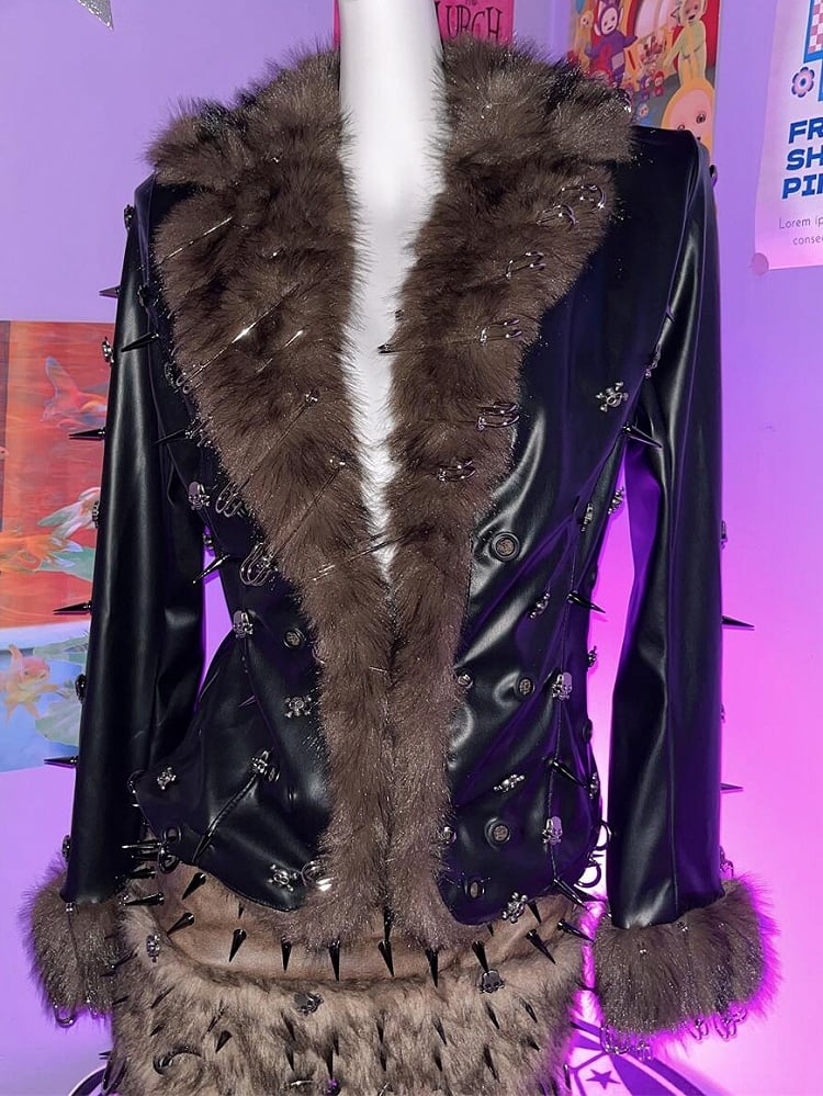 ピンスタッドブラウンとジャケットパンクブラック装飾スケルトンウェイストランドPU