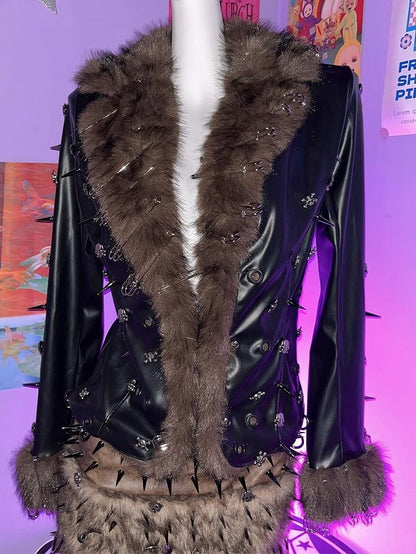 ピンスタッドブラウンとジャケットパンクブラック装飾スケルトンウェイストランドPU