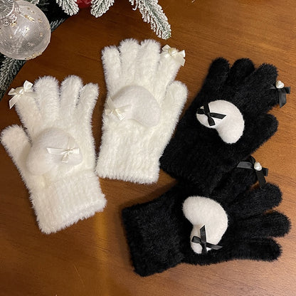 Schwarz/Weiße Lolita Herzschleifen-Plüschhandschuhe
