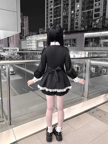 Lace Buckles Trim Two-Piece Top White Kei Set Matching Heart Jirai with Waist | Shorts Black