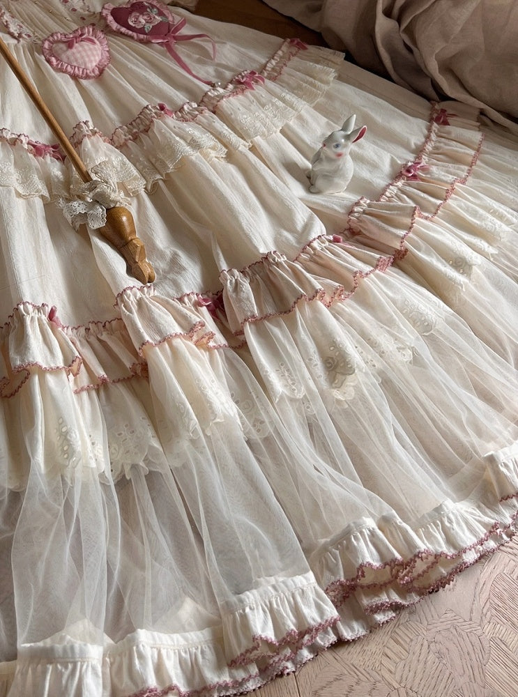 Cream Layered Ruffle High Waist Sweet Lolita Dress with Tulle Hem - Bodhi Original Design