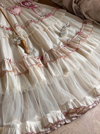 Cream Layered Ruffle High Waist Sweet Lolita Dress with Tulle Hem - Bodhi Original Design