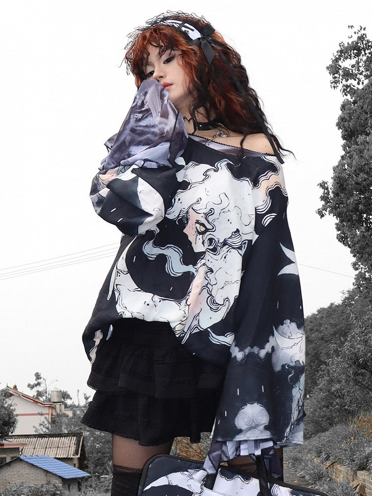 ファッションブラックムーンスリーブプロテクショントップロングとギャル漫画プリントサン