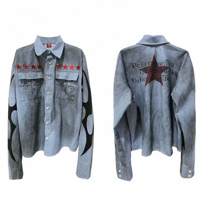 Washed Distressed Blue Striped Shirt with Red Star Prints - DETW OnLine