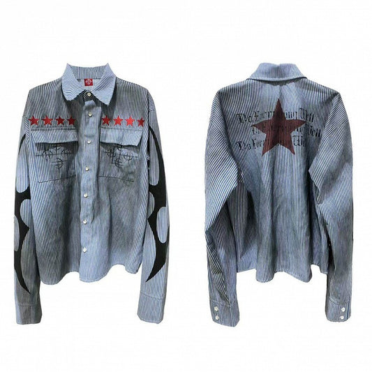 Washed Distressed Blue Striped Shirt with Red Star Prints - DETW OnLine