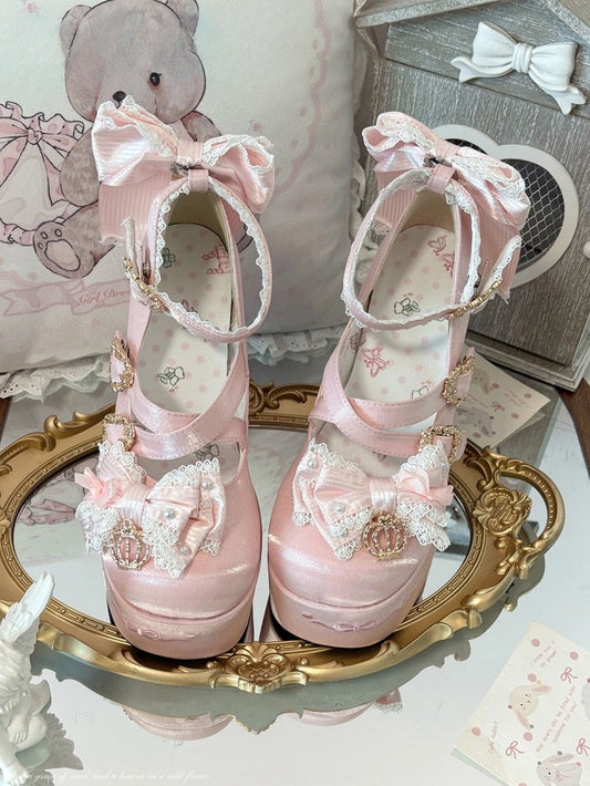 Snap Platform Detachable Chain Heel Heels Striped - Lolita Closure Pink Heart Charm Sweet Block Beaded Back Bows High