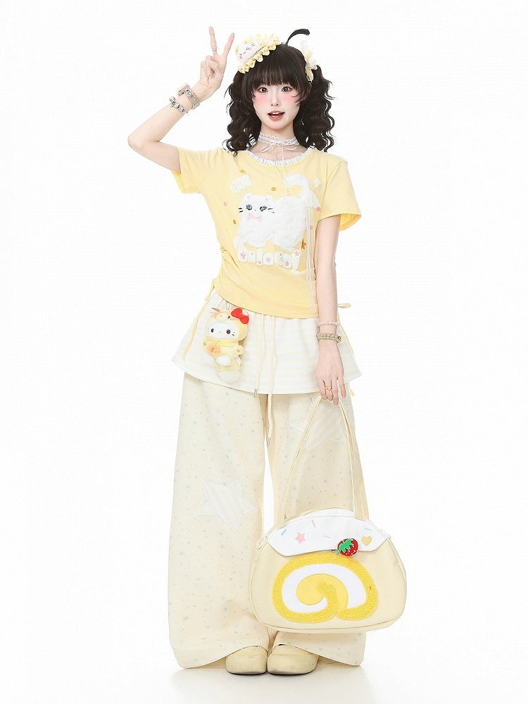 Yellow Star Patches Straight Pants with Striped Overlay Detail - Languid Park