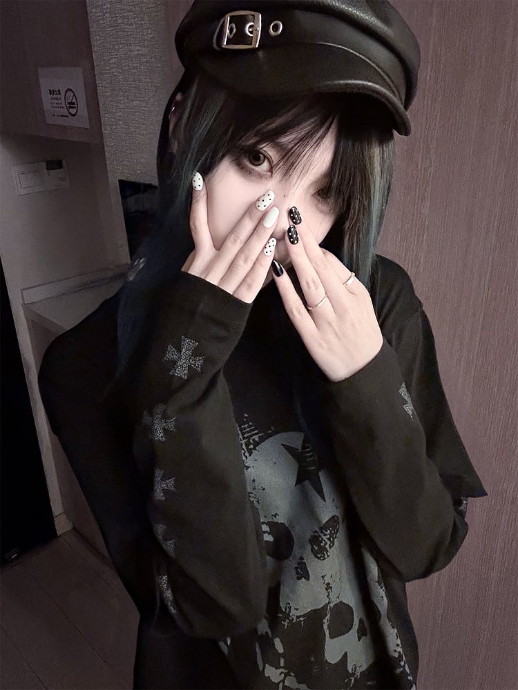 Print with Skeleton White Cross Two-Pieces Top Faux and Black