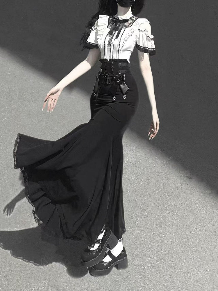 Waist Kei Front Skirt Mermaid Black Lace-up High with Jirai