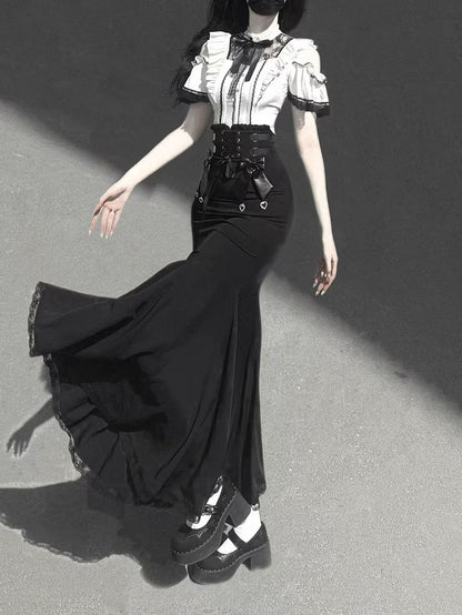 Waist Kei Front Skirt Mermaid Black Lace-up High with Jirai