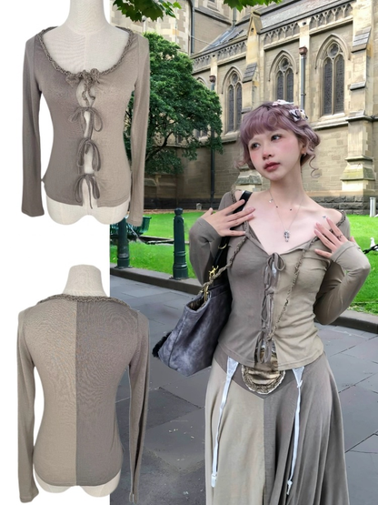 Sleeves Long with Tie-Front Gray Cardigan Colorblock