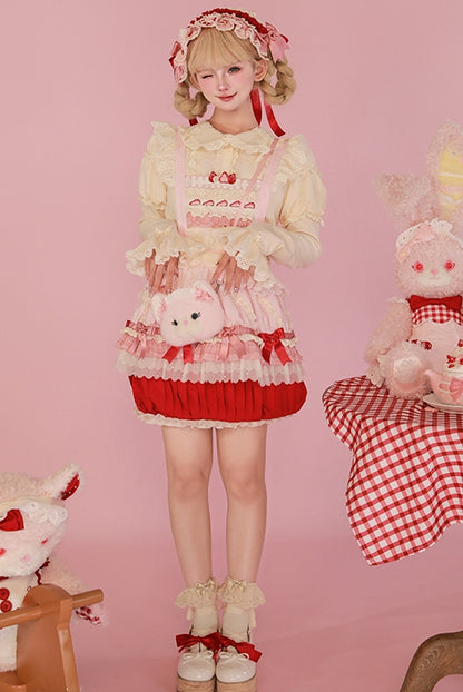 Strawberry Bodice Embroidery Cake Skirt Overall Hem and Pink Sweet Cupcake Lolita Red