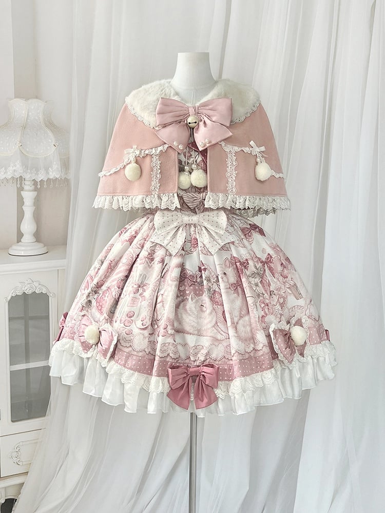 Cape Pink Pompoms and Sweet Plush Collar Lolita with Lace Trim