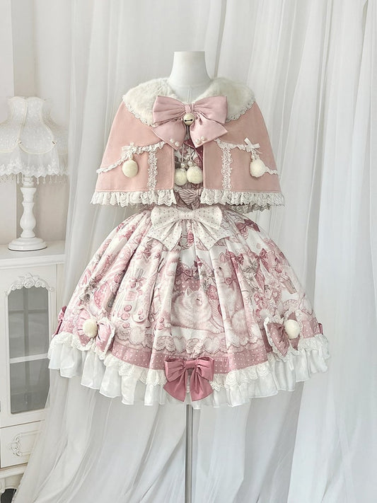 Plush Jumper Cape + Print Strawberry Collar Pink Sweet Kitty Skirt Set Lolita and