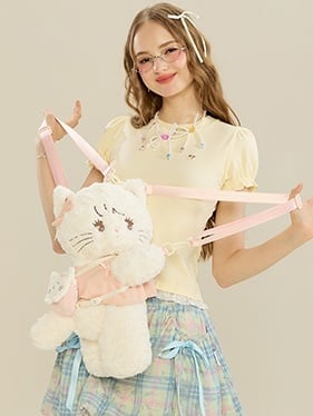 Plush Backpack / Pink Cat Kawaii Crossbody White