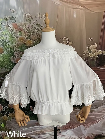 Three Colors Summer Classic Lolita Blouse with Off-Shoulder Neckline and Lace - Lan Jian Chuan